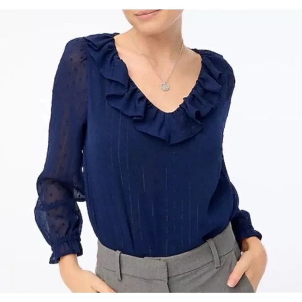 J. CREW V-neck shimmery clip-dot Navy Blue  Lined ruffleneck top Small